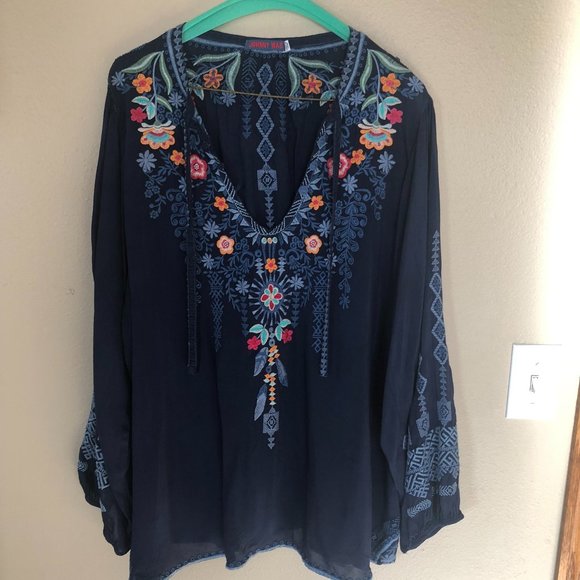 Johnny Was Tops - Johnny Was Blue XL Tie Tunic with Embroidery